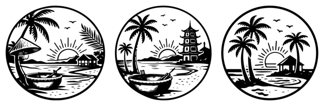 Set of circular tropical coastal badges with palm trees pagodas and traditional basket boats