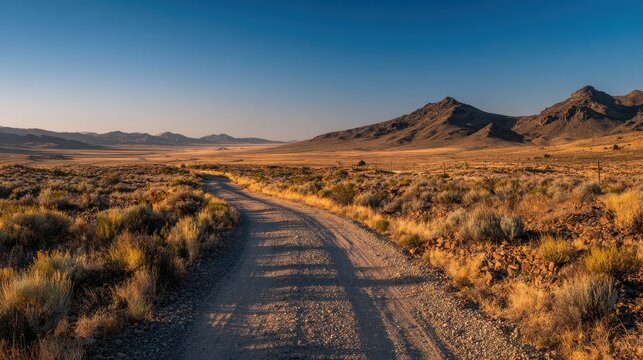 Dusty dirt road winding through a sunlit desert landscape with distant mesas