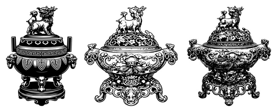 Set of three ornate traditional Asian incense burners with intricate dragon and lion motifs