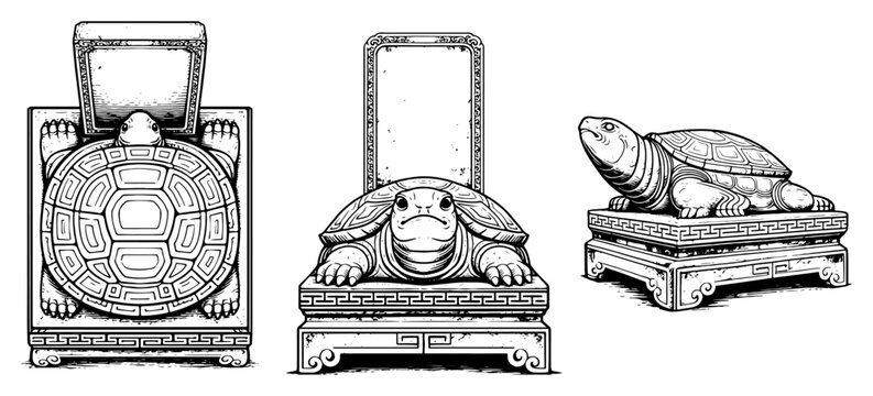 Set of traditional oriental stone turtle statues used for monuments in detailed black and white vector illustration