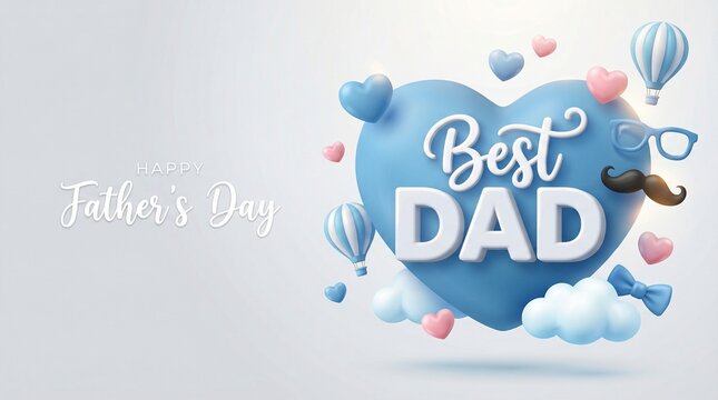 Happy Fathers Day celebration greeting with blue heart best dad message balloon glasses mustache bow tie and love elements on soft background for family appreciation design