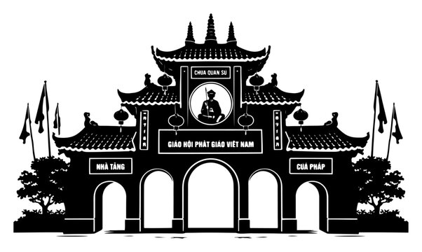 Silhouette of traditional Vietnamese Buddhist temple gate with ornate architecture