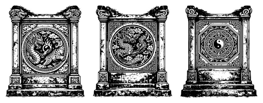 Collection of three ancient stone tablets with dragon motifs and yin yang symbol in weathered woodcut style