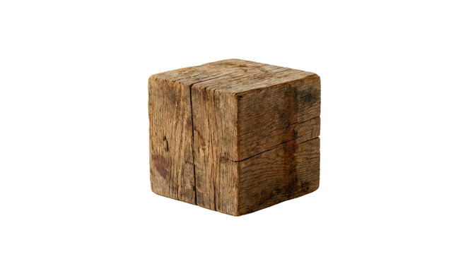 Aged Wooden Cube Isolated on White Background