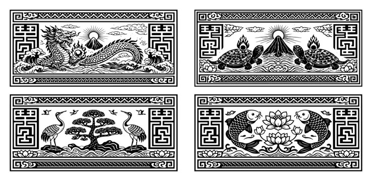 Collection of four traditional Asian decorative panels featuring dragon turtle crane and koi fish motifs