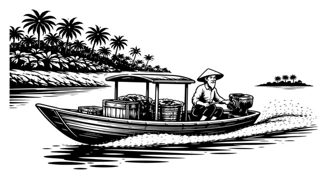 Traditional oriental man driving a wooden motorboat on a tropical river black and white vector