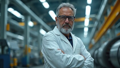Fototapeta premium Mature man in white lab coat stands arms crossed in industrial factory setting. He wears glasses and has grey beard. He looks seriously forward.