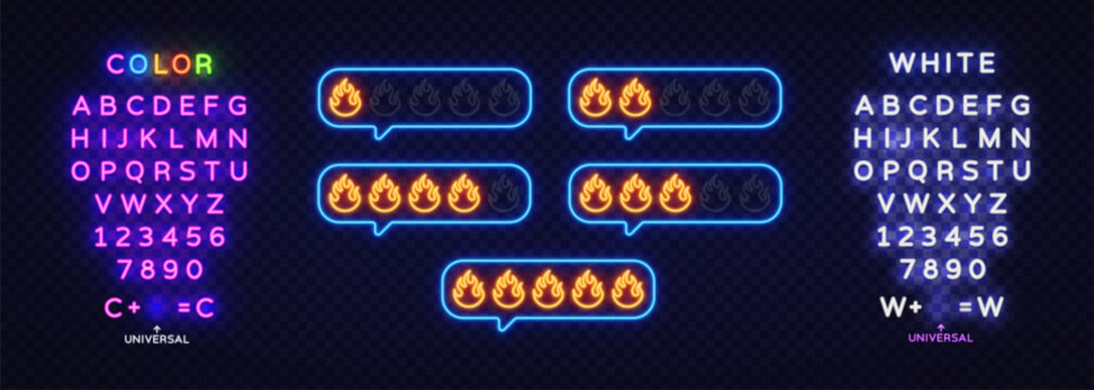 Neon fire rating bubbles glowing in bright orange colors. Hot level indicators inside chat style frames on dark background