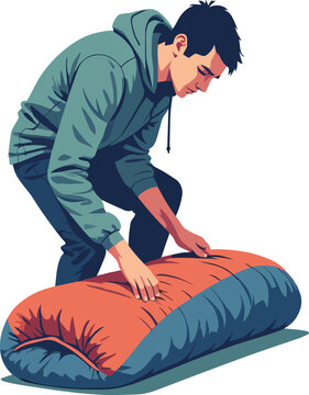 Illustrazione vettoriale di una persona che arrotola o sistema un sacco a pelo imbottito dopo il campeggio. Concetto di outdoor, viaggio, escursionismo, organizzazione dell&rsquo;attrezzatura e vita 