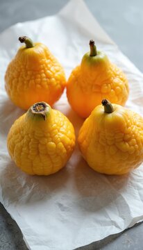 Four ripe ugli fruits sit on crinkled white paper. This bright citrus has a bumpy skin texture and green stems. The yellow-orange produce is a healthy food choice.