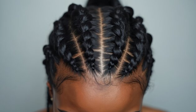 Black hair styled in neat cornrows with precise parts. Close up of scalp shows clean hairline and defined braid pattern. This protective hairstyle has a glossy sheen.