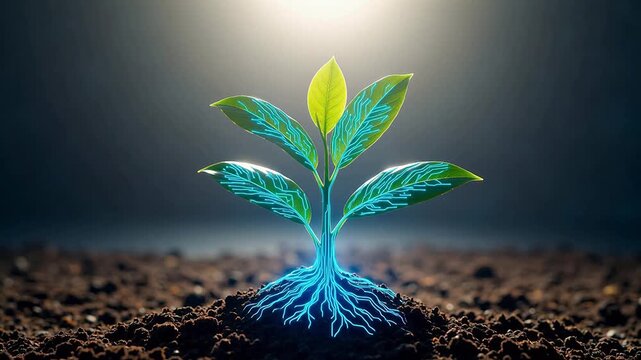 Plant with glowing roots and leaves