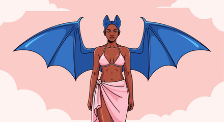 Illustration of a female demon or mythical creature with blue wings and a pink cloth © arfanah02