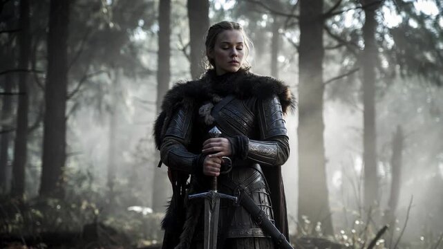 Female warrior in ornate armor in misty forest, cinematic style on soft light background, concept of strength and courage
