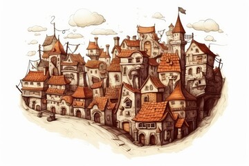 Obraz premium Fantasy city drawing featuring many old buildings with red roofs and a tall tower