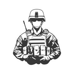 Naklejka premium A monochrome illustration depicting a soldier in full combat gear