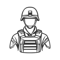 Naklejka premium A detailed monochrome illustration depicting a soldier in combat gear