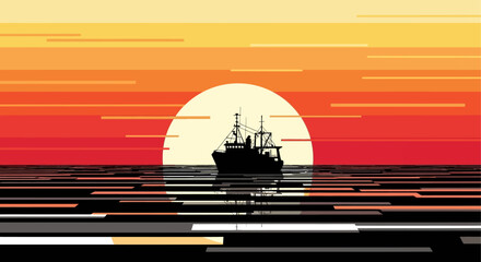 A serene silhouette of a fishing boat at sunset on calm waters with vibrant orange hues © arfanah02