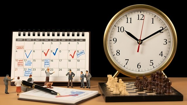 Miniature figures, calendar, clock, pen, chessboard on a wooden surface against black
