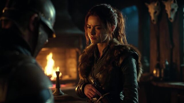 Female warrior in medieval attire talking in warm cinematic style before a fire‑lit tavern interior, concept of adventure and dialogue