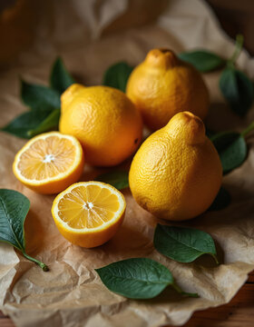 Whole and halved ugli fruits arranged on brown paper. Fresh citrus fruits with green leaves and textured skin are ready for cooking or juicing. Juicy citrus segments gleam.