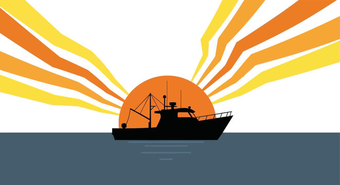 A silhouette of a fishing boat sailing towards a vibrant sunset on the horizon