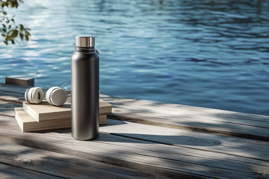 Black reusable metal water bottle with headphones and books on a wooden pier by the blue lake, healthy lifestyle and relaxation concept at sunset.