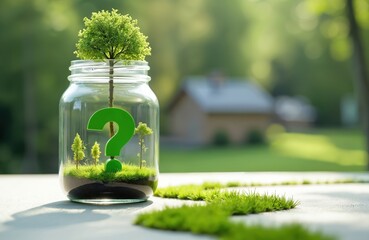 Naklejka premium Green question mark inside glass jar with tiny trees growing. Small house in background. Future of eco living, sustainability questions, nature.