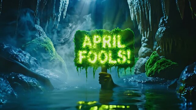 April Fools prank with mossy sign in mysterious blue cave, foggy atmosphere, hands emerging from water