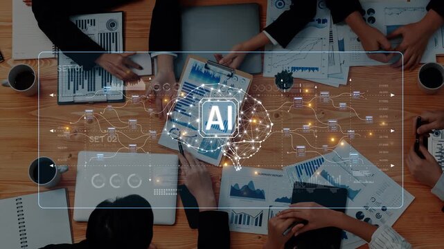 A business team collaborates in a modern office setting, utilizing AI technology and data analysis tools. The image captures dynamic teamwork and innovative ideas. Raster