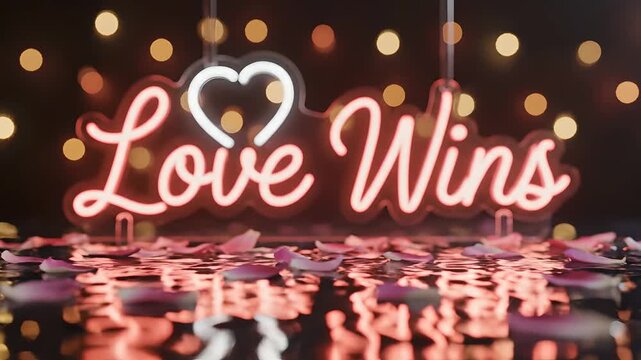 Neon 'Love Wins' sign with heart and pink petals falling in romantic atmosphere, wedding proposal background, Valentine's day marketing, event decoration concept