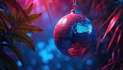 Fototapeta premium Disco ball hangs among lush jungle plants illuminated by neon pink and blue lights. Reflective sphere creates vibrant party atmosphere. Exotic nightlife and celebration.