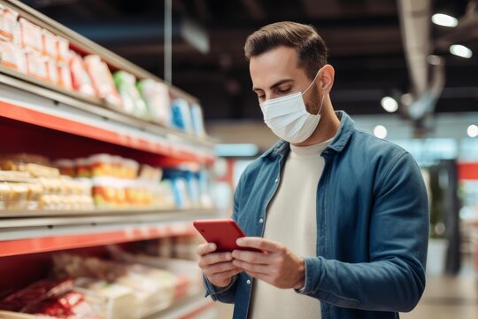 Man wearing face mask checking shopping list on smartphone in supermarket aisle