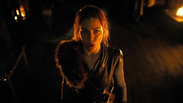 A fierce warrior woman in cinematic style lit by warm firelight inside a dark wooden room, conveying strength and determination