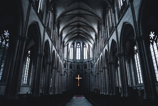 A vast, gothic cathedral interior with a central cross and an elongated perspective.