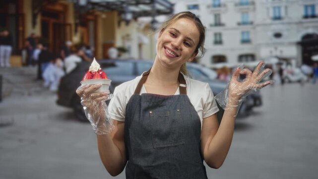 Woman holding strawberry ice cream cup and showing ok sign on a street in front of a building; cheerful service hospitality.