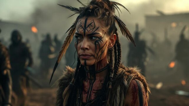 A fierce warrior woman with tribal face paint shown in cinematic style on a smoky battlefield background, concept of strength and conflict