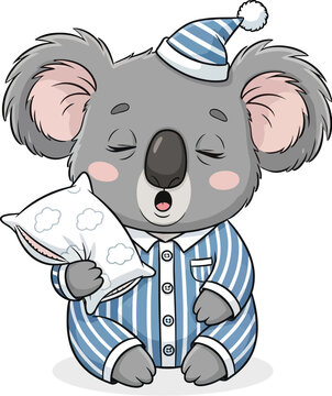 A cartoon koala wearing pajamas and a nightcap holds a pillow and yawns, conveying a sense of sleepiness and coziness.