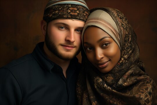 Young diverse couple dressed in traditional attire smiling at the camera together