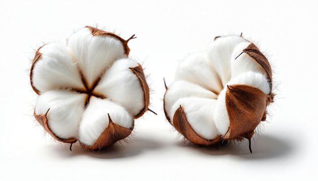 Two cotton bolls with fluffy white fiber and brown sepals are set against a clean white background. They are shown in close-up detail. The natural texture of the cotton is visible.