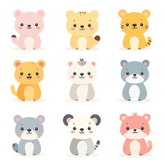 Fototapeta premium Cute baby animals collection illustrated in a kawaii style, featuring soft pastel colors, simple shapes, and adorable smiling faces. This clean vector illustration set is designed on a white backgroun
