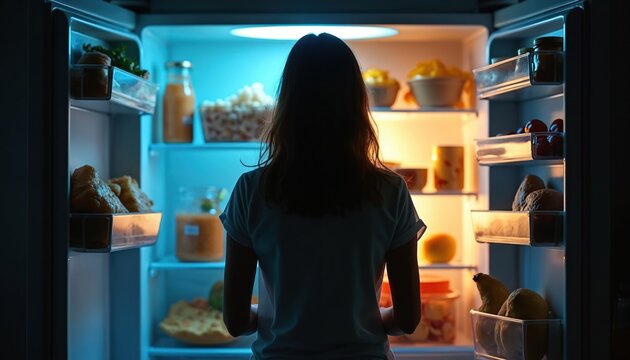 Woman opens fridge late at night seeking snack. She looks for food in illuminated kitchen. Craving for treats, unhealthy choices, midnight hunger, indulgence, late meal.