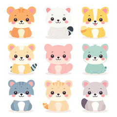 Obraz premium Cute baby animals collection illustrated in a kawaii style, featuring soft pastel colors, simple shapes, and adorable smiling faces. This clean vector illustration set is designed on a white backgroun
