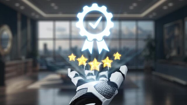A digital representation of a robot hand featuring a badge, stars, and a check mark in a modern office setting, symbolizing innovation and quality assurance in technology. Auvana