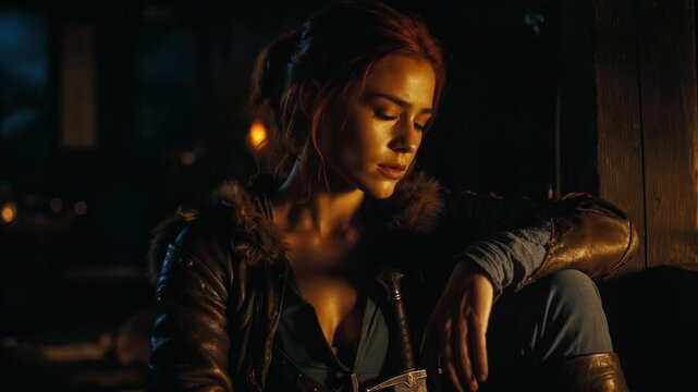 A female warrior in dramatic cinematic style sits by warm firelight on dark background, evoking solitude and inner strength