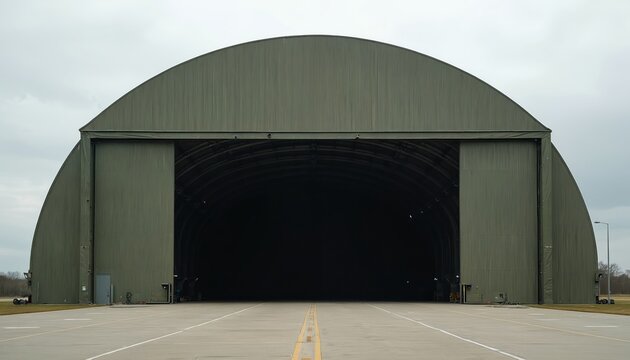 Large green military hangar with open doors on concrete airfield. Arched roof structure shelters aircraft storage or maintenance. Wide entrance shows dark interior space.