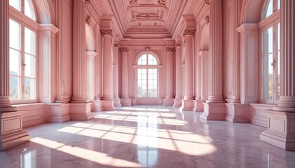 Fototapeta premium Elegant pink hall with marble floor. Tall columns and large windows create bright, ornate interior space. Sunlight streams across the polished floor.