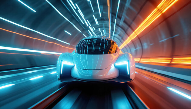 Futuristic vehicle speeds through neon lit tunnel. Sleek white pod travels at extreme velocity. Light streaks create motion blur, indicating rapid transit.