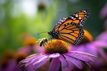 Obraz premium Delicate pollinators on a coneflower blossom in natural garden light