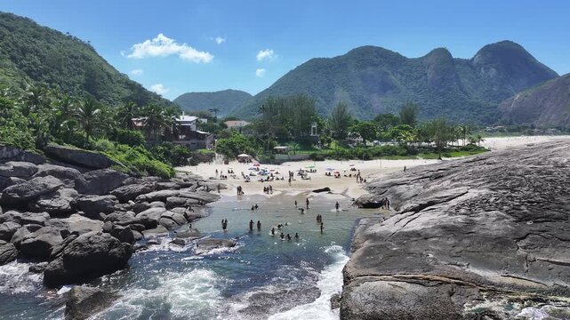 Itacoatiara Beach In Niteroi Rio De Janeiro Brazil. Travel Landscape. Tropical Scenery. Nature Skyline. Itacoatiara Beach In Niteroi Rio De Janeiro Brazil. Tourism Landmark. 